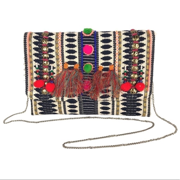 Charade Handbags - CHARADE Bohemian Pom Pom Clutch w/ Chain Crossbody Multicolor Handbag Purse